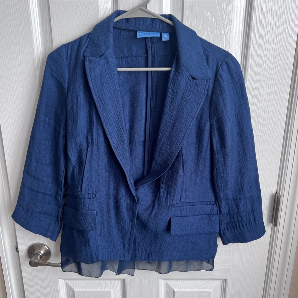 Simply Vera Vera Wang Navy Blue Textured Blazer 3/4 Sleeve Sheer Hem Women's‎ PM